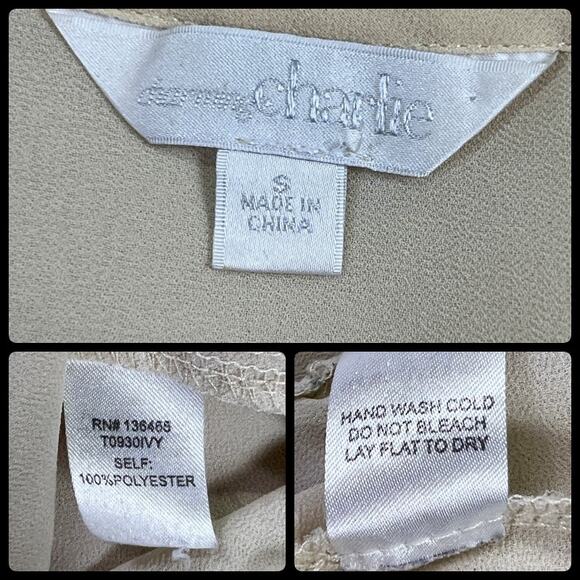 Charming Charlie Beige Semi Sheer Chiffon Crochet Lace Trimmed Blouse Top Small - Picture 7 of 12